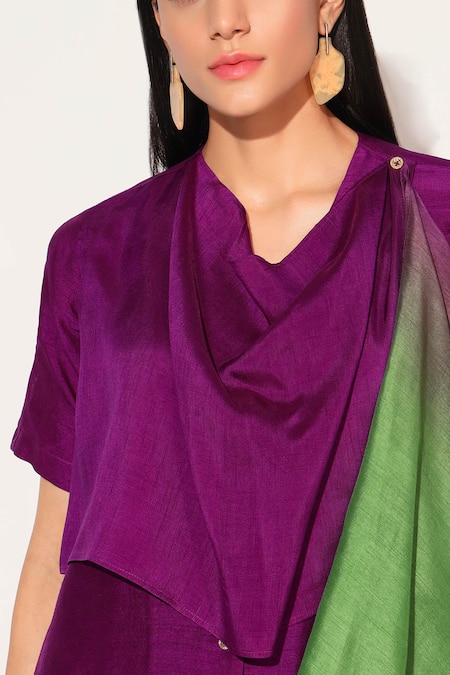Linetribe__Purple Viscose, Silk Cowl Neck Noctura Draped Top And Pant Set _Online_at_Aza_Fashions