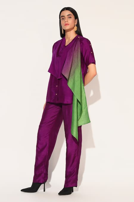 Buy_Linetribe__Purple Viscose, Silk Cowl Neck Noctura Draped Top And Pant Set _Online_at_Aza_Fashions