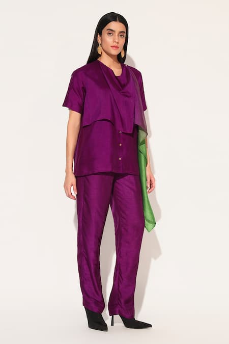 Shop_Linetribe__Purple Viscose, Silk Cowl Neck Noctura Draped Top And Pant Set _Online_at_Aza_Fashions