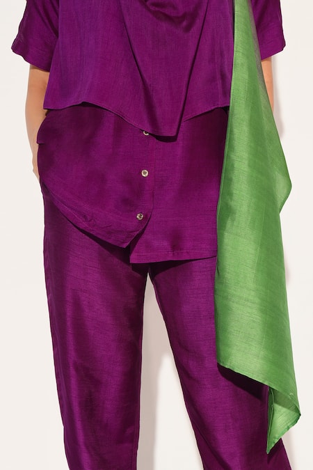 Buy_Linetribe__Purple Viscose, Silk Cowl Neck Noctura Draped Top And Pant Set 