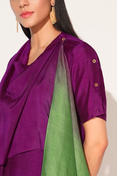 Shop_Linetribe__Purple Viscose, Silk Cowl Neck Noctura Draped Top And Pant Set 