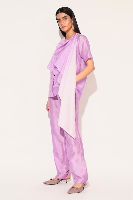 Linetribe__Purple Viscose, Silk Cowl Neck Noctura Plain Top And Pant Set _Online_at_Aza_Fashions