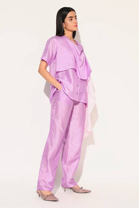 Buy_Linetribe__Purple Viscose, Silk Cowl Neck Noctura Plain Top And Pant Set _Online_at_Aza_Fashions