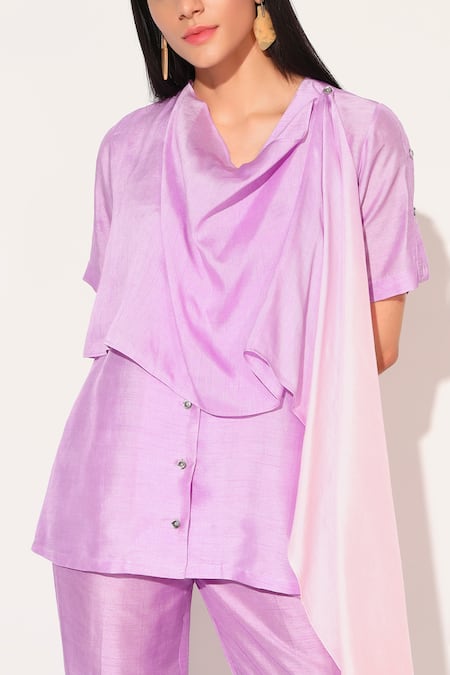 Buy_Linetribe__Purple Viscose, Silk Cowl Neck Noctura Plain Top And Pant Set 