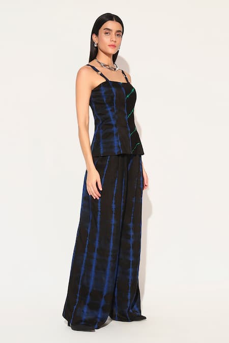 Buy_Linetribe__Black Viscose, Silk Square Neck Kryora Shibori Pattern Top With Pant _Online_at_Aza_Fashions