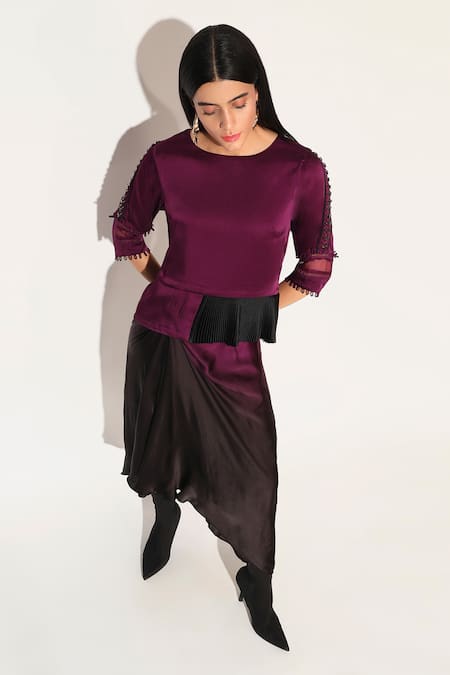 Shop Linetribe_ Purple Viscose, Satin Beads Round Neck Voidra Asymmetric Shirt With Skirt Online at Aza Fashions Shop_Linetribe__Purple Viscose, Satin Beads Round Neck Voidra Asymmetric Shirt With Skirt _Online_at_Aza_Fashions