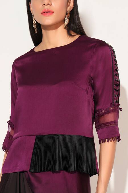 Buy Linetribe_ Purple Viscose, Satin Beads Round Neck Voidra Asymmetric Shirt With Skirt Buy_Linetribe__Purple Viscose, Satin Beads Round Neck Voidra Asymmetric Shirt With Skirt