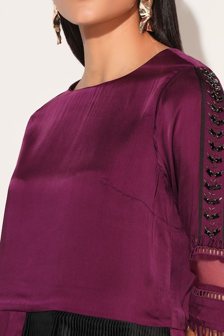 Shop Linetribe_ Purple Viscose, Satin Beads Round Neck Voidra Asymmetric Shirt With Skirt Shop_Linetribe__Purple Viscose, Satin Beads Round Neck Voidra Asymmetric Shirt With Skirt