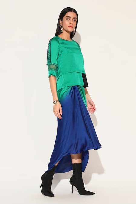 Buy_Linetribe__Green Viscose, Satin Beads, Sequins Round Neck Voidra Top With Ombre Skirt _Online_at_Aza_Fashions