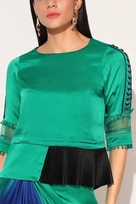Shop_Linetribe__Green Viscose, Satin Beads, Sequins Round Neck Voidra Top With Ombre Skirt 