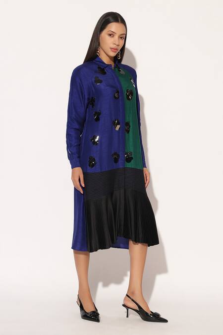 Linetribe__Blue Viscose, Silk Sequins Collared Caelix Embellished Shirt Dress _Online_at_Aza_Fashions