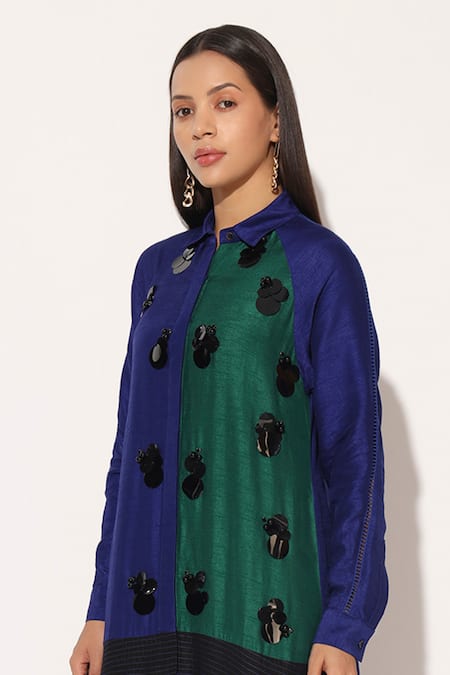 Buy_Linetribe__Blue Viscose, Silk Sequins Collared Caelix Embellished Shirt Dress _Online_at_Aza_Fashions