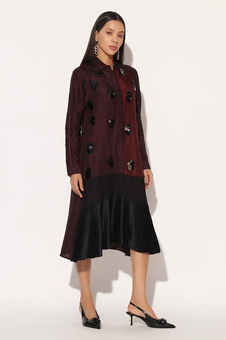 Linetribe__Wine Viscose, Silk Sequins Collared, Button-down Caelix Colorblock Shirt Dress _Online_at_Aza_Fashions