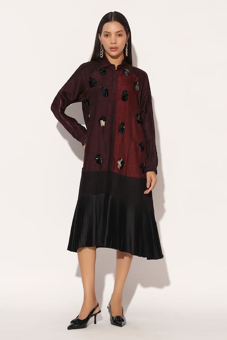 Buy_Linetribe__Wine Viscose, Silk Sequins Collared, Button-down Caelix Colorblock Shirt Dress _Online_at_Aza_Fashions