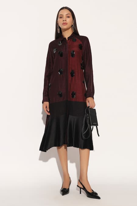 Linetribe__Wine Viscose, Silk Sequins Collared, Button-down Caelix Colorblock Shirt Dress _at_Aza_Fashions