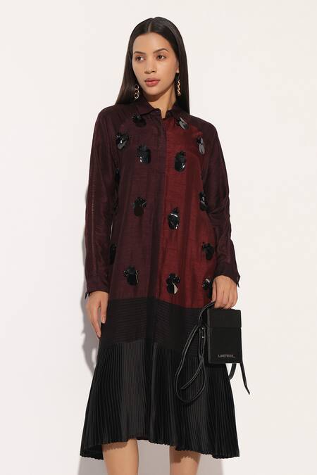 Buy_Linetribe__Wine Viscose, Silk Sequins Collared, Button-down Caelix Colorblock Shirt Dress 