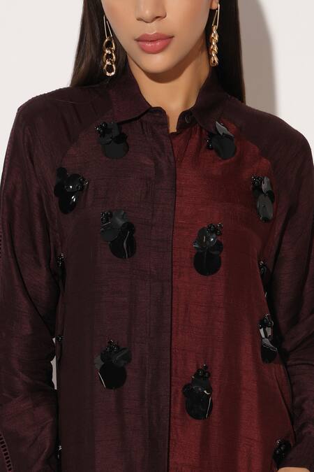 Shop_Linetribe__Wine Viscose, Silk Sequins Collared, Button-down Caelix Colorblock Shirt Dress 