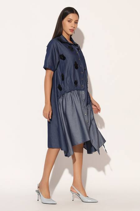 Linetribe__Blue Denim Applique Collared Astrell Shirt Dress _Online_at_Aza_Fashions