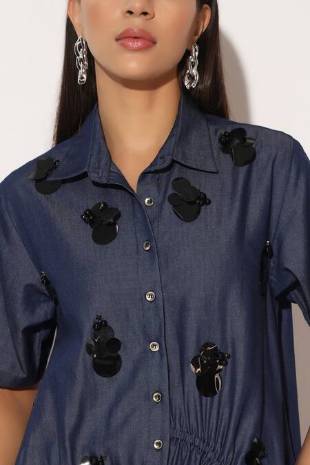Buy_Linetribe__Blue Denim Applique Collared Astrell Shirt Dress _Online_at_Aza_Fashions