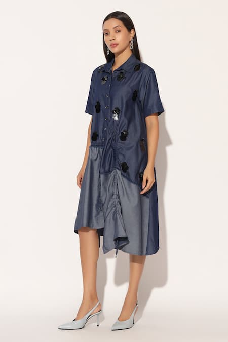 Linetribe__Blue Denim Applique Collared Astrell Shirt Dress _at_Aza_Fashions