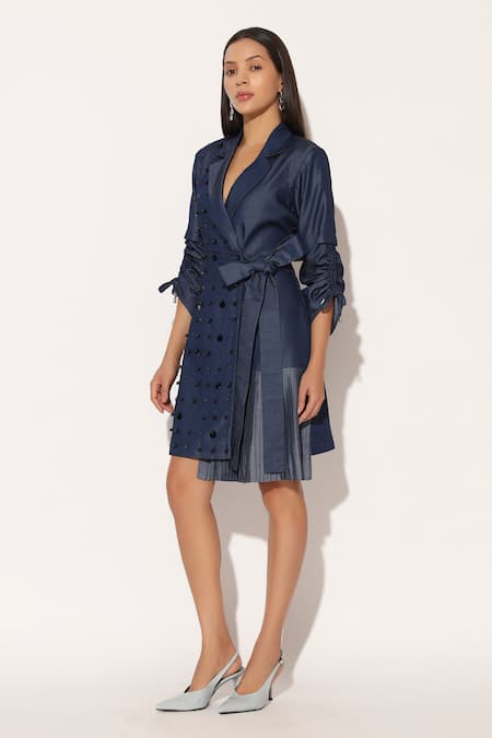 Linetribe__Blue Denim Beads V-neck, Collared Nebula Embroidered Jacket Dress _Online_at_Aza_Fashions