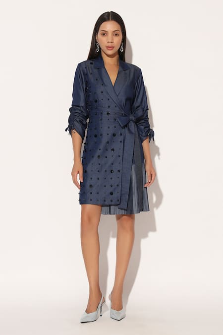 Buy_Linetribe__Blue Denim Beads V-neck, Collared Nebula Embroidered Jacket Dress _Online_at_Aza_Fashions