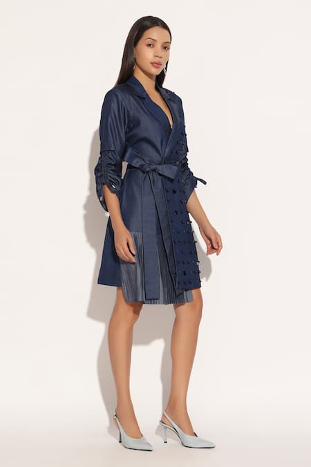 Shop_Linetribe__Blue Denim Beads V-neck, Collared Nebula Embroidered Jacket Dress _Online_at_Aza_Fashions