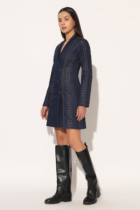 Buy_Linetribe__Blue Denim V-neck, Collared Crythos Jacket Dress _Online_at_Aza_Fashions