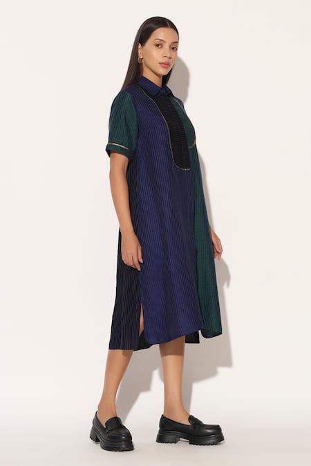Linetribe__Multi Color Viscose, Silk Metallic Thread Collared, Caelith Colorblock Dress _Online_at_Aza_Fashions