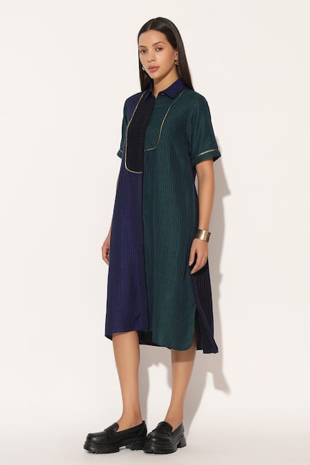Buy_Linetribe__Multi Color Viscose, Silk Metallic Thread Collared, Caelith Colorblock Dress _Online_at_Aza_Fashions