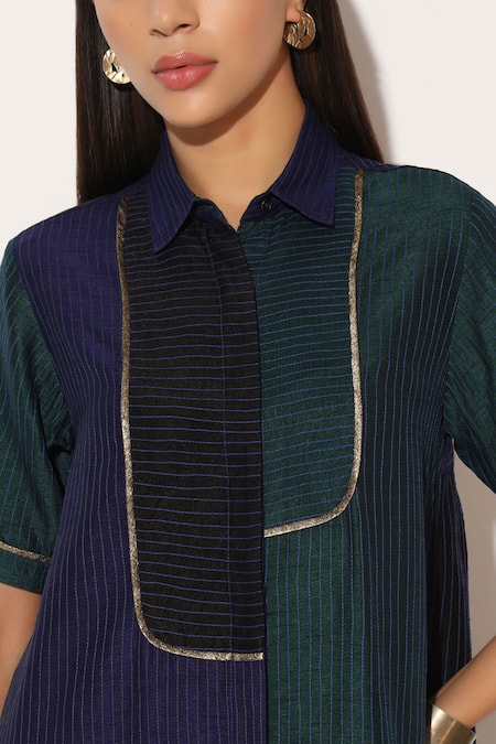 Shop_Linetribe__Multi Color Viscose, Silk Metallic Thread Collared, Caelith Colorblock Dress _Online_at_Aza_Fashions