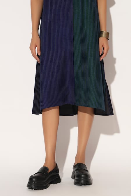 Linetribe__Multi Color Viscose, Silk Metallic Thread Collared, Caelith Colorblock Dress _at_Aza_Fashions