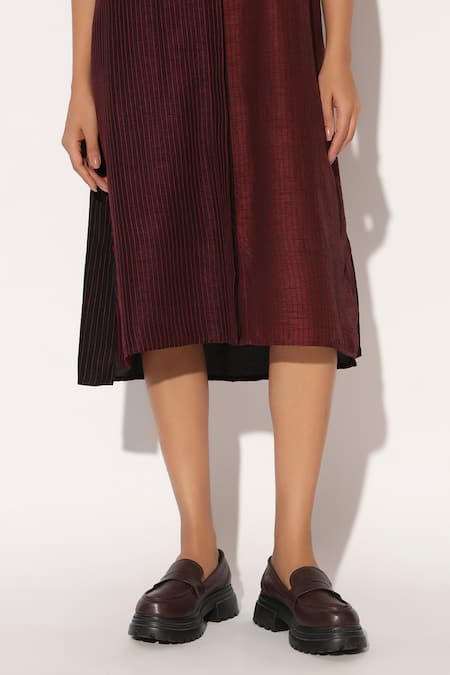 Linetribe__Wine Viscose, Silk Metallic Thread Collared, Caelith Colorblock Shirt Dress _Online_at_Aza_Fashions