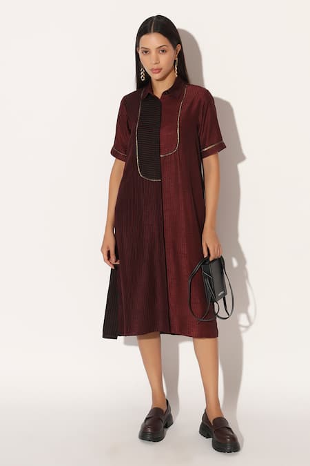 Buy_Linetribe__Wine Viscose, Silk Metallic Thread Collared, Caelith Colorblock Shirt Dress 