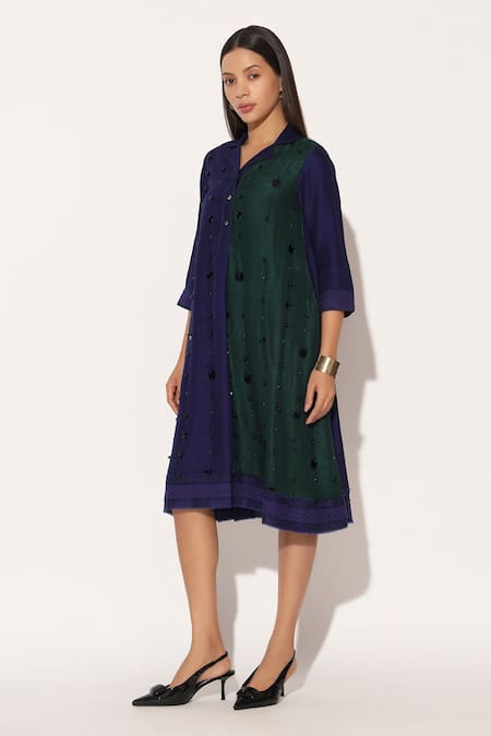 Linetribe__Blue Viscose, Silk Beads Collared, V-neck Ophyra Colorblock A-line Dress _Online_at_Aza_Fashions