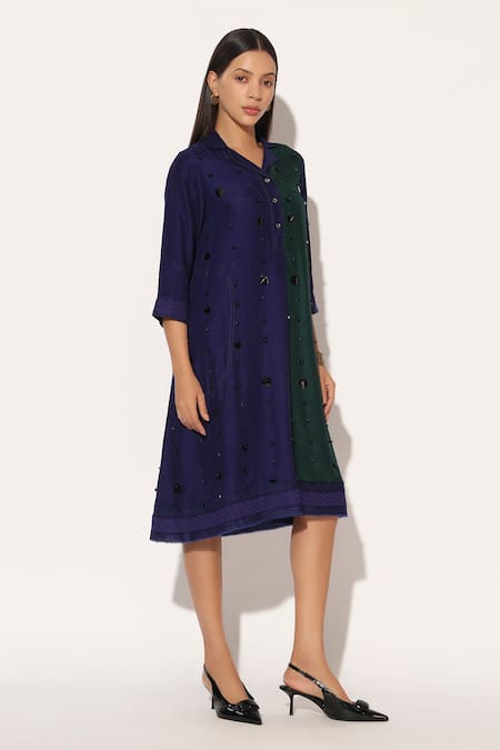 Buy_Linetribe__Blue Viscose, Silk Beads Collared, V-neck Ophyra Colorblock A-line Dress _Online_at_Aza_Fashions