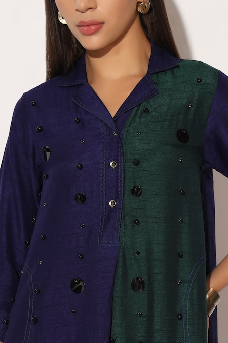 Linetribe__Blue Viscose, Silk Beads Collared, V-neck Ophyra Colorblock A-line Dress _at_Aza_Fashions