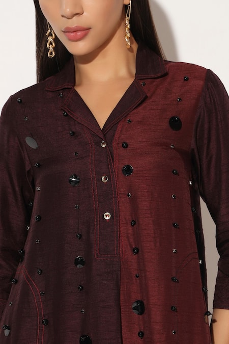 Linetribe__Wine Silk, Viscose Embroidery Collared, V-neck Ophyra Colorblock A-line Dress _Online_at_Aza_Fashions