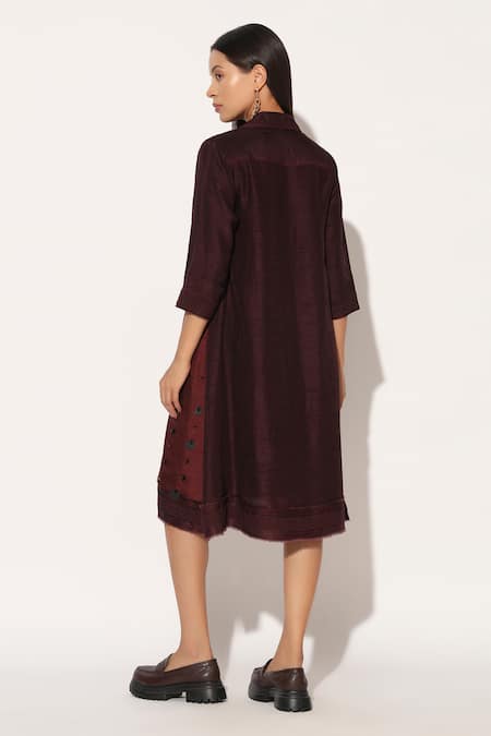 Buy_Linetribe__Wine Silk, Viscose Embroidery Collared, V-neck Ophyra Colorblock A-line Dress _Online_at_Aza_Fashions
