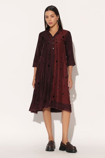 Shop_Linetribe__Wine Silk, Viscose Embroidery Collared, V-neck Ophyra Colorblock A-line Dress _Online_at_Aza_Fashions