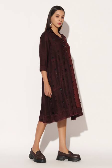 Buy_Linetribe__Wine Silk, Viscose Embroidery Collared, V-neck Ophyra Colorblock A-line Dress 