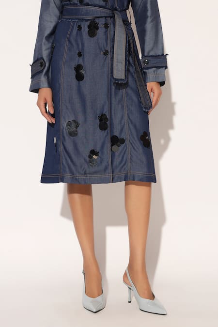 Linetribe__Blue Denim V-neck Nyvora Embellished Trench Dress _Online_at_Aza_Fashions