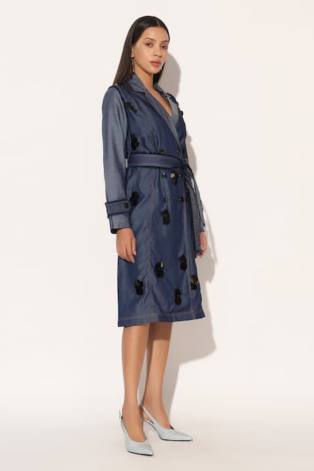 Buy_Linetribe__Blue Denim V-neck Nyvora Embellished Trench Dress _Online_at_Aza_Fashions