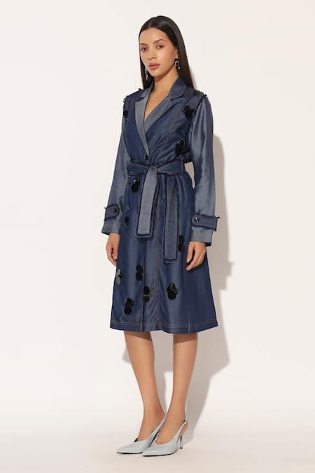 Shop_Linetribe__Blue Denim V-neck Nyvora Embellished Trench Dress _Online_at_Aza_Fashions