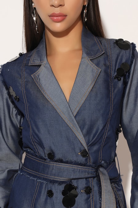 Linetribe__Blue Denim V-neck Nyvora Embellished Trench Dress _at_Aza_Fashions