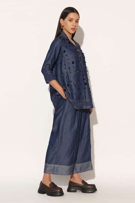 Linetribe__Blue Denim Sequins, Beads Collared, V-neck Atherion Top And Pant Set _Online_at_Aza_Fashions