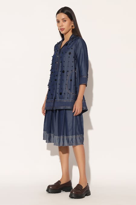 Linetribe__Blue Denim Beads, Sequins Collared, V-neck, Zephyraen Top And Skirt Set _Online_at_Aza_Fashions