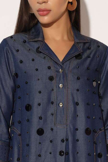 Buy_Linetribe__Blue Denim Beads, Sequins Collared, V-neck, Zephyraen Top And Skirt Set _Online_at_Aza_Fashions