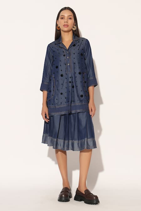 Linetribe__Blue Denim Beads, Sequins Collared, V-neck, Zephyraen Top And Skirt Set _at_Aza_Fashions