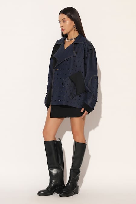Buy_Linetribe__Blue Denim Studs, Beads V-neck Quasar Embroidered Oversized Jacket _Online_at_Aza_Fashions